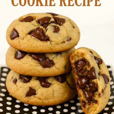 Chocolate Chip Cookie Recipe: Soft, Chewy, and Irresistible! 22 Chocolate Chip Cookie Recipe Close-up of a freshly baked chocolate chip cookie with melted chocolate chips, placed on a rustic wooden table.