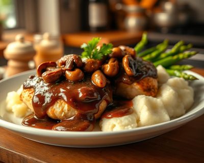 Easy Chicken Madeira: A Cheesecake Factory Copycat Delight 45 Succulent chicken breasts topped with a rich, savory mushroom gravy, paired with buttery mashed potatoes and fresh asparagus, creating a perfect dinner dish.