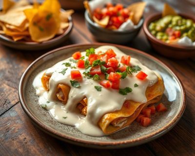 Cream Cheese Chicken Enchiladas: The Ultimate Creamy Chicken Experience 41 cream cheese chicken enchiladas Enchiladas covered in creamy sauce with diced tomatoes and cilantro