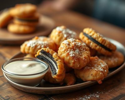 Easy Deep Fried Oreos Recipe: Irresistible Fried Oreos Delight 45 Golden-battered Oreos served with a creamy dip, perfect for sharing on any occasion.