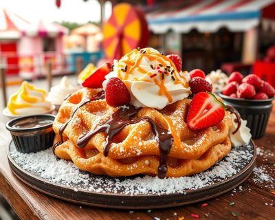 Homemade Funnel Cake Recipe: How to Make the Best State Fair Funnel Cake 51 Delicious funnel cake topped with whipped cream, fresh strawberries, chocolate syrup, caramel drizzle, and powdered sugar, served in a vibrant fair setting with colorful tents in the background. Perfect dessert for sweet lovers and carnival food enthusiasts
