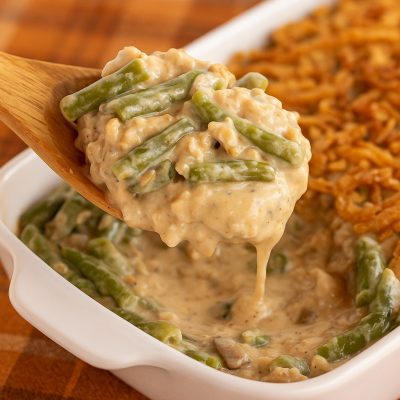 Easy Green Bean Casserole Recipe {with Frozen Green Beans} 15 Close-up of a baked green bean casserole in a white dish, topped with golden-brown fried onions on a plaid tablecloth.