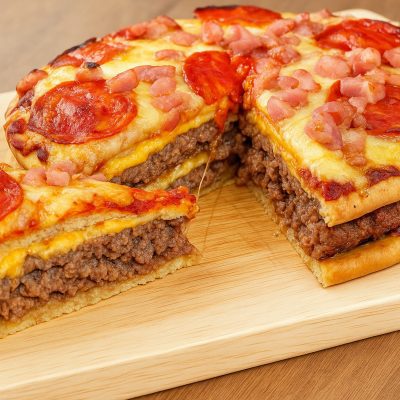 Make the Ultimate Pizza Burger Pie: A Huge Hit for Every Occasion! 19 Homemade pizza burger pie with a crispy golden crust, gooey melted cheese, seasoned ground beef, and colorful pizza toppings, perfect for a hearty and flavorful meal