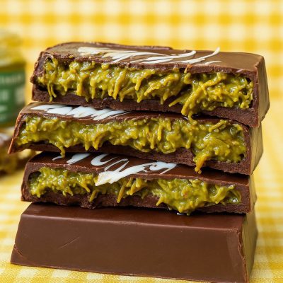 "Discover the Viral Dubai Chocolate Bar Recipe with Pistachio Knafeh!" 62 Close-up of sliced Dubai chocolate bar showing creamy pistachio filling inside.
